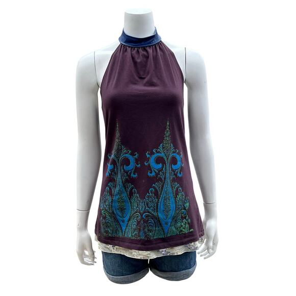 Fresh Karma Boho Halter Top Purple Blue baroque Print Sequin Hem Size Small - Picture 2 of 9